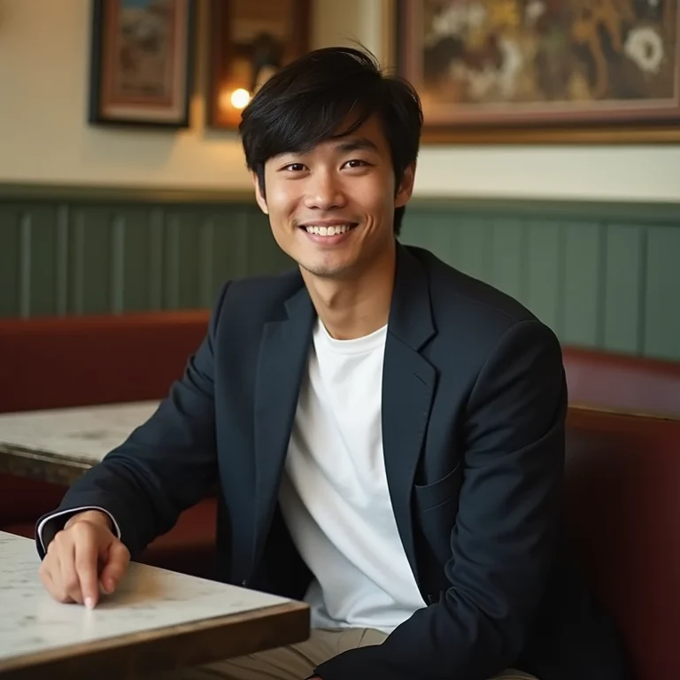 Homem asiático-brasileiro sentado à mesa de restaurante com blazer e camiseta.