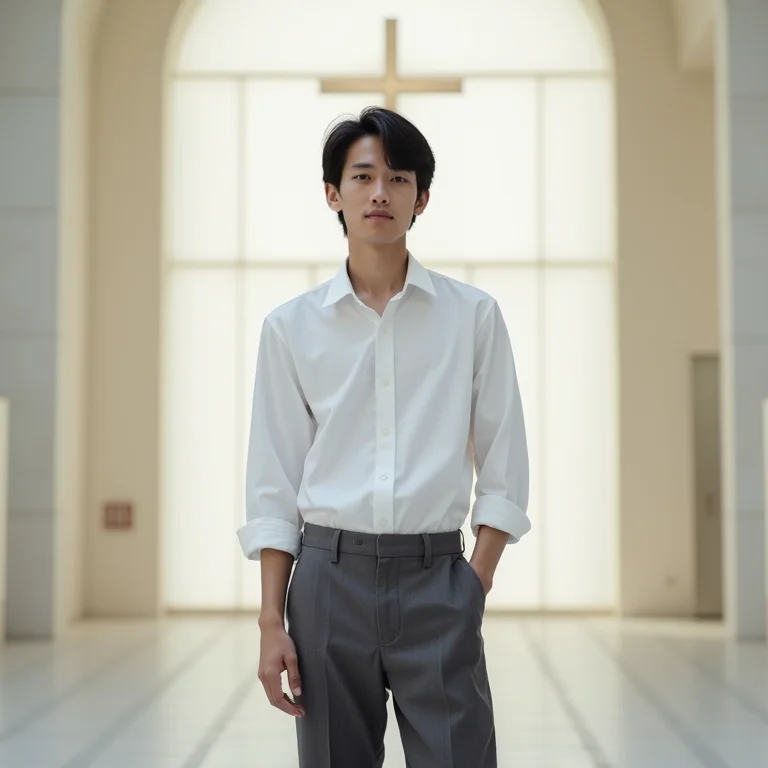 Homem asiático-brasileiro vestindo camisa e calça de sarja