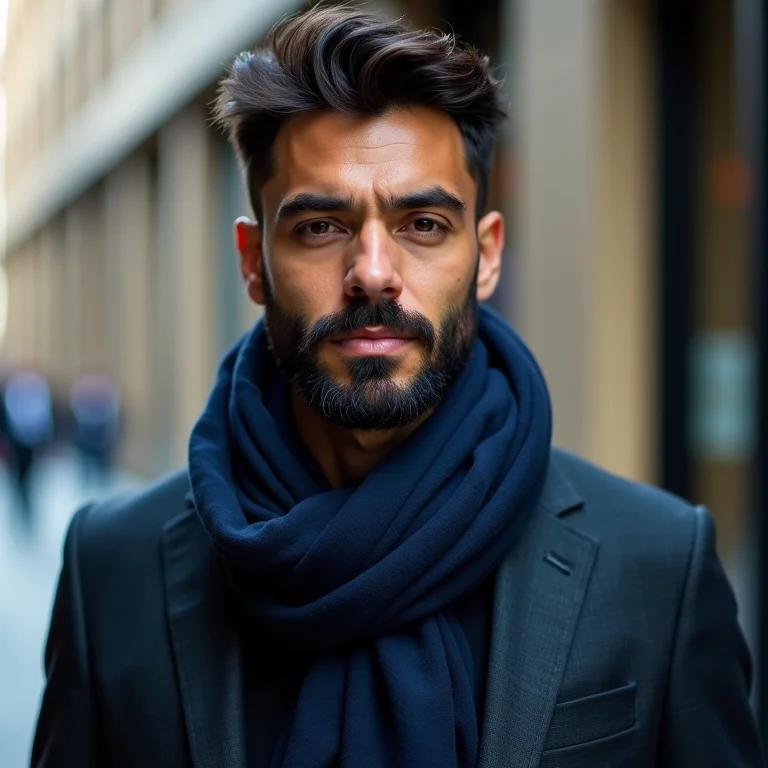 Homem com barba usando cachecol com nó europeu