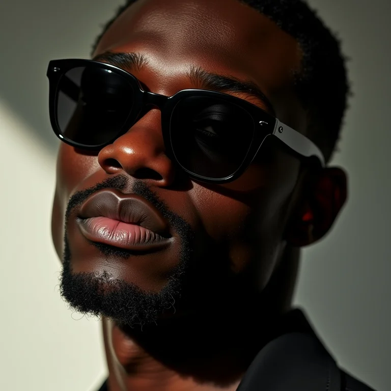 Homem com rosto diamante usando óculos de sol com linhas suaves.