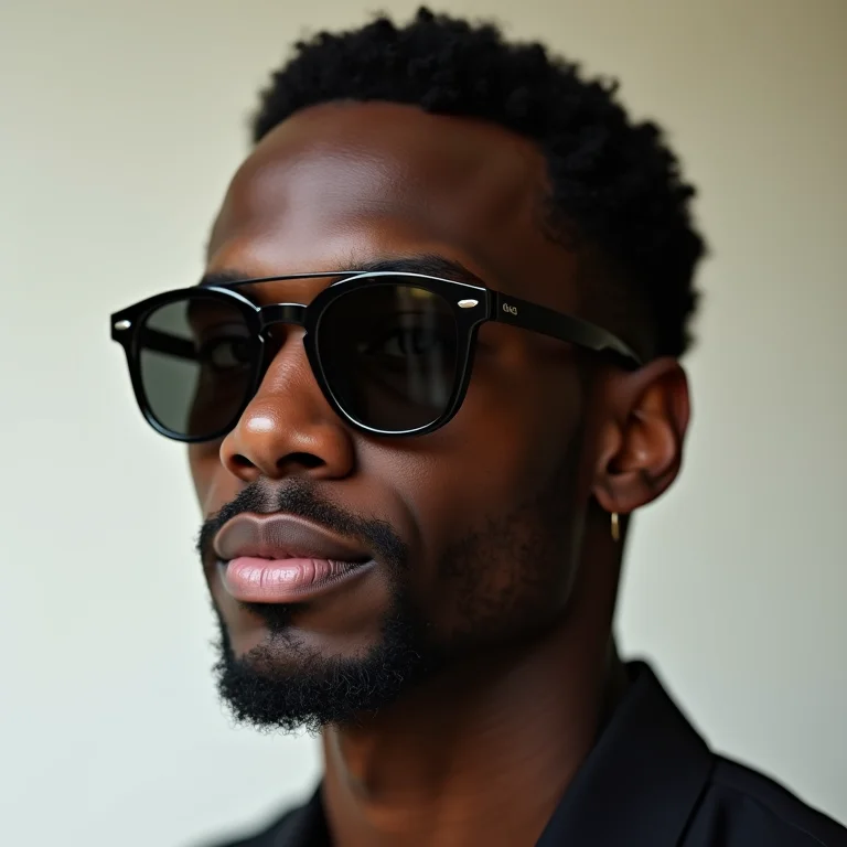 Homem com rosto oval experimentando diversos estilos de óculos de sol.