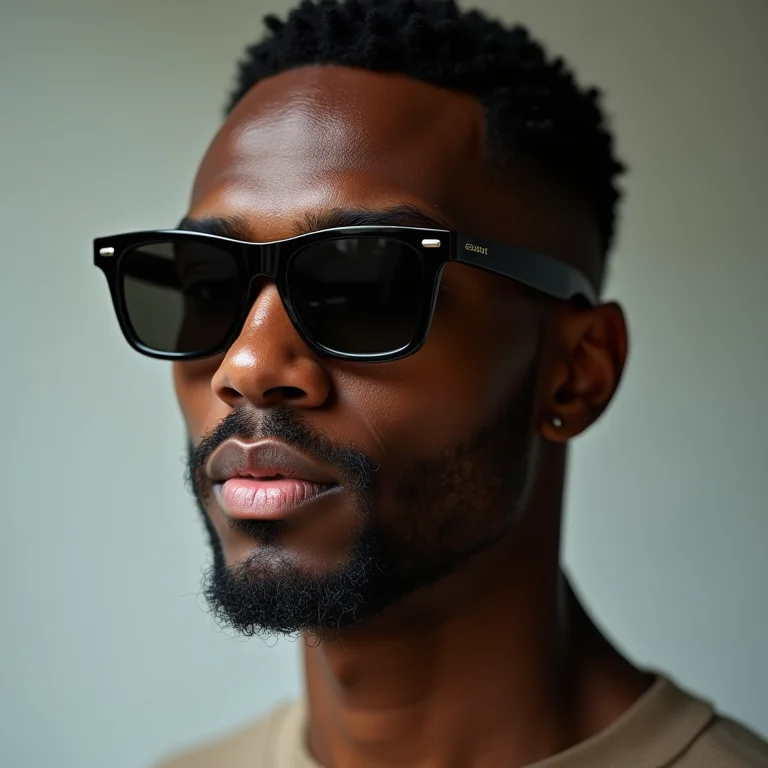 Homem com rosto triangular usando óculos de sol com parte superior destacada.