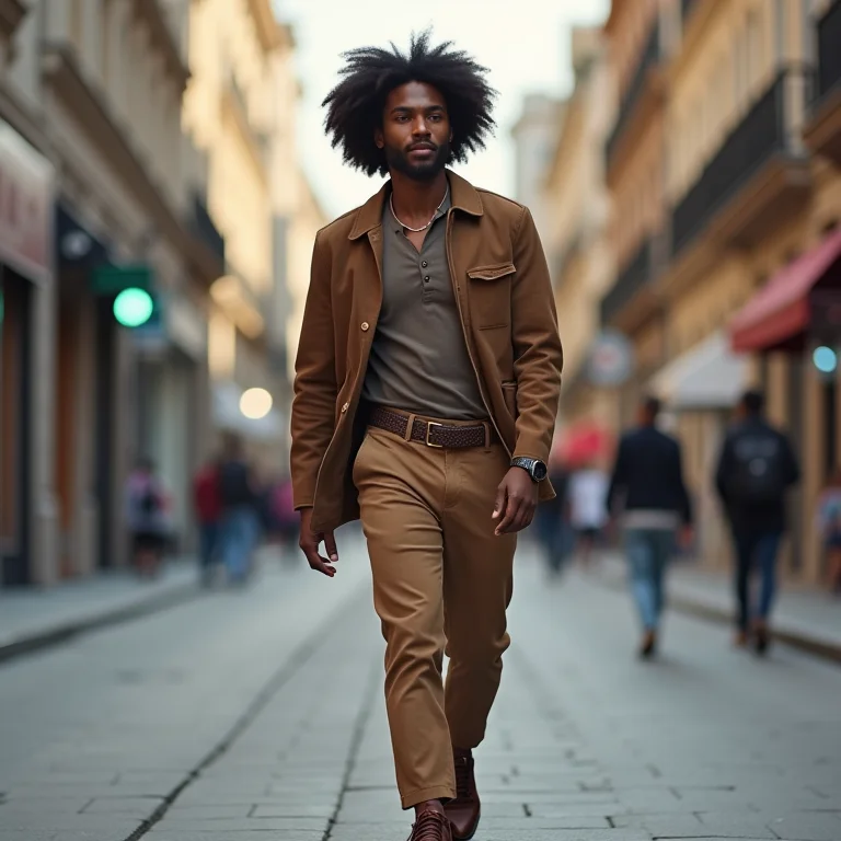 Homem com visual casual combinando cinto e sapatos de forma criativa.