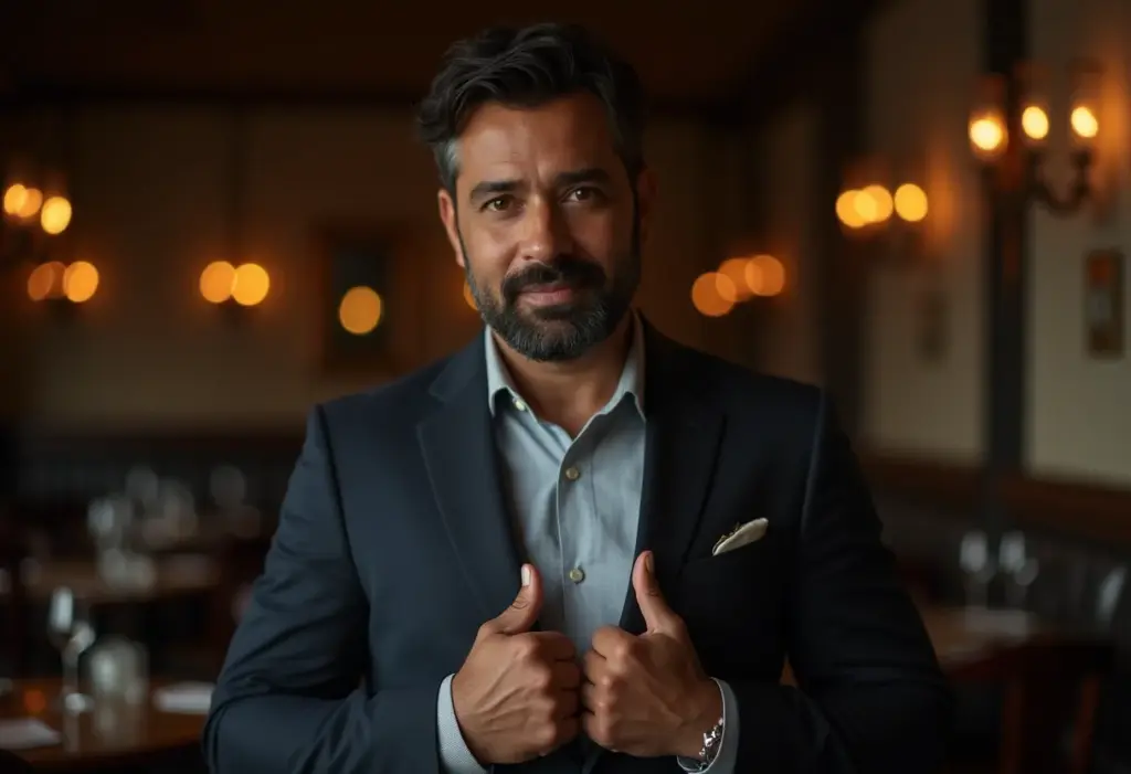 Homem confiante ajeitando blazer em restaurante elegante.