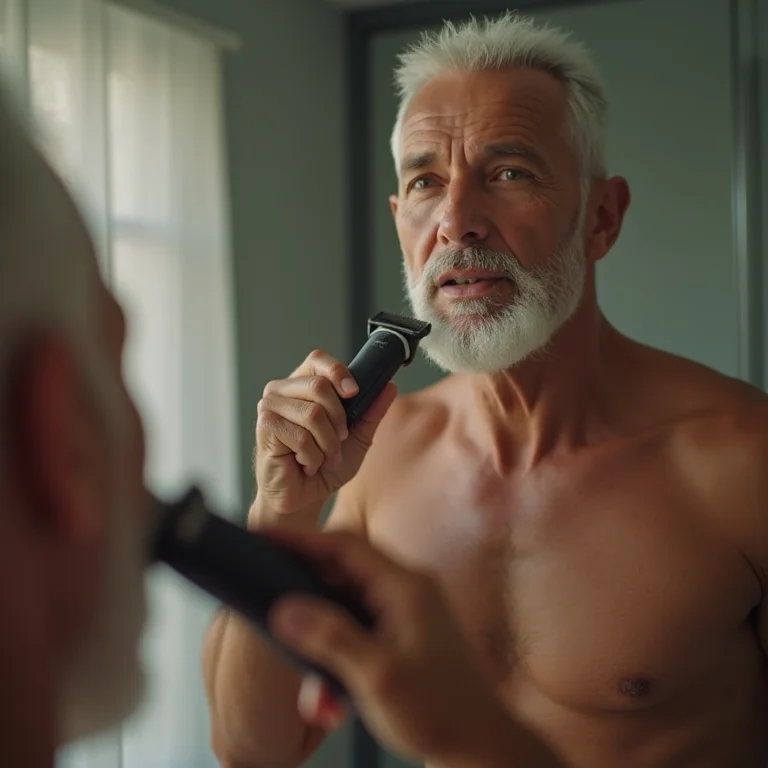 Homem contornando a barba com máquina de barbear