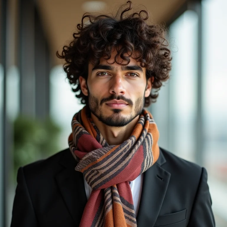 Homem de pele morena usando cachecol com nó falso