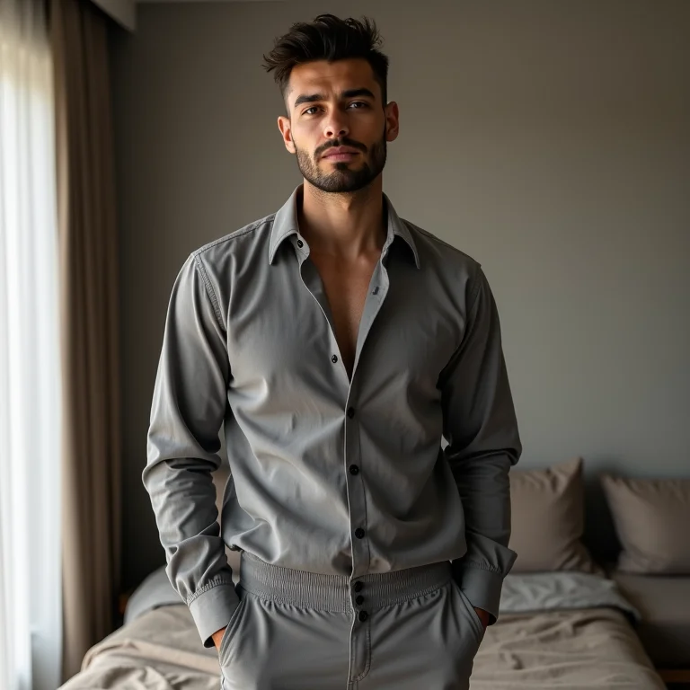 Homem de pele morena vestindo look monocromático cinza