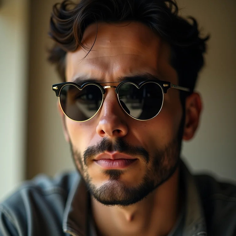 Homem de rosto coração usando óculos com detalhes na parte inferior