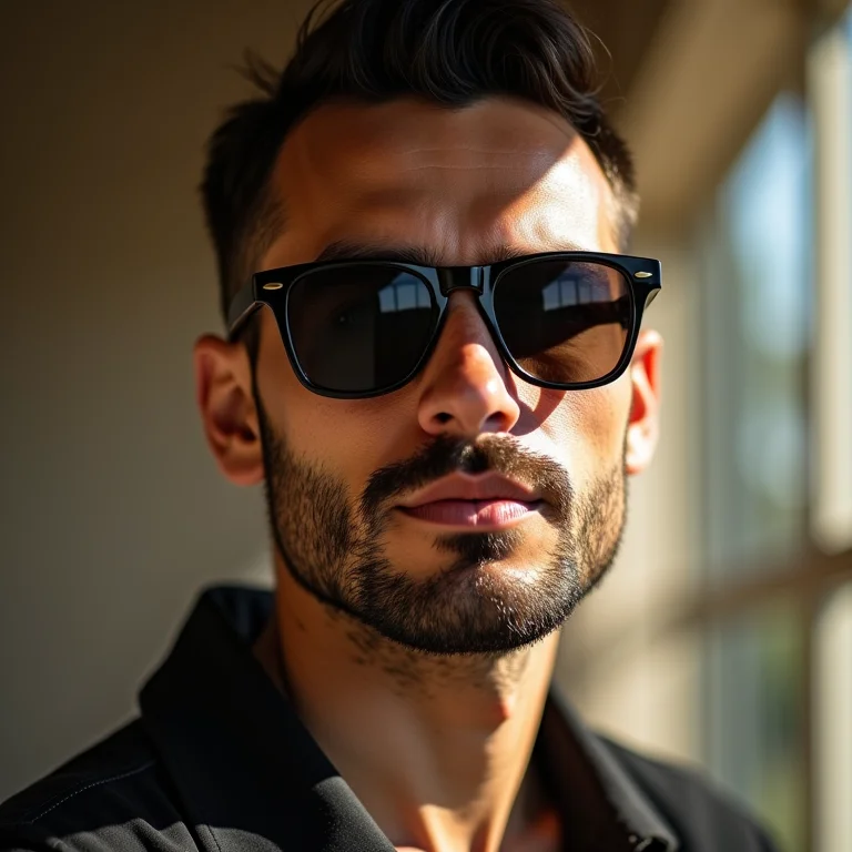 Homem de rosto redondo usando óculos de sol angulares