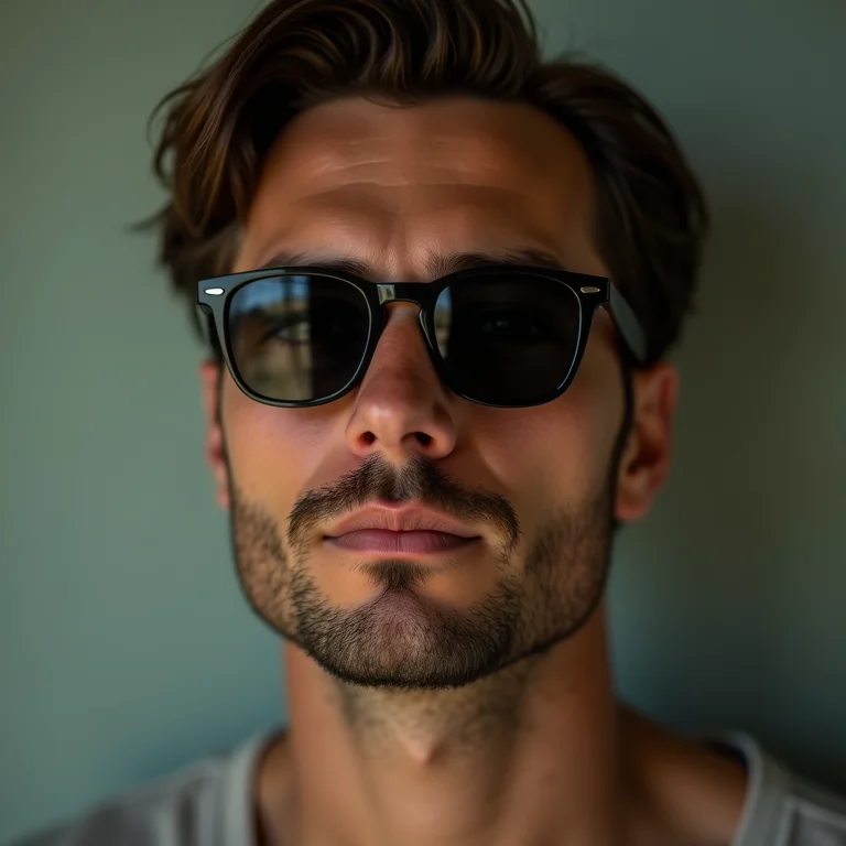 Homem de rosto triangular usando óculos de sol que equilibram a testa