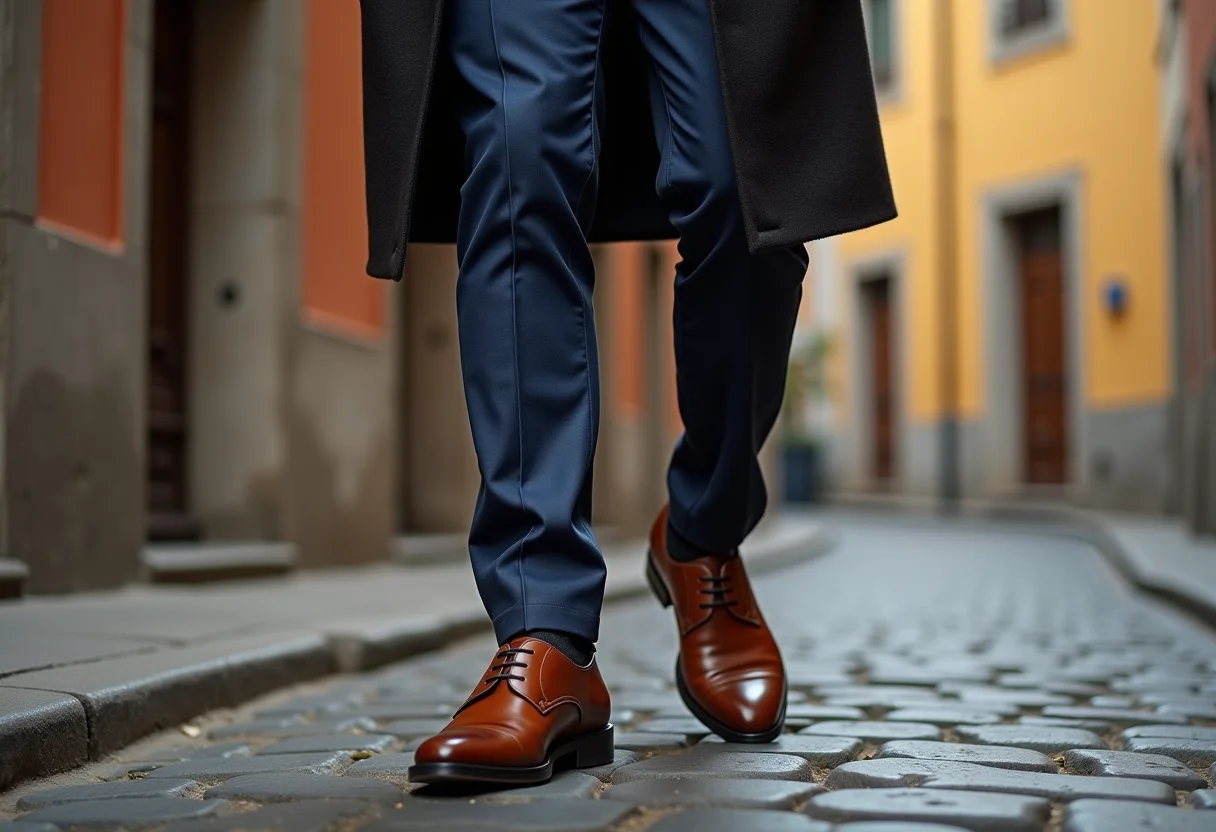 Homem elegante caminhando com sapato e cinto combinando