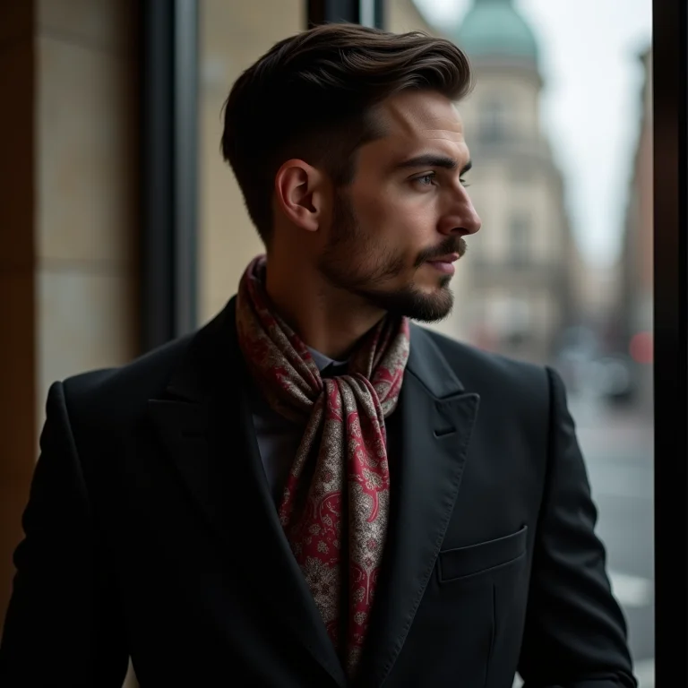 Homem elegante com cachecol drapeado em ambiente urbano