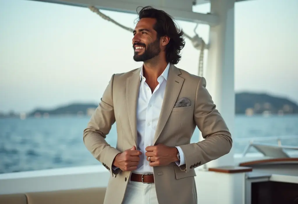 Homem elegante em cruzeiro vestindo blazer de linho