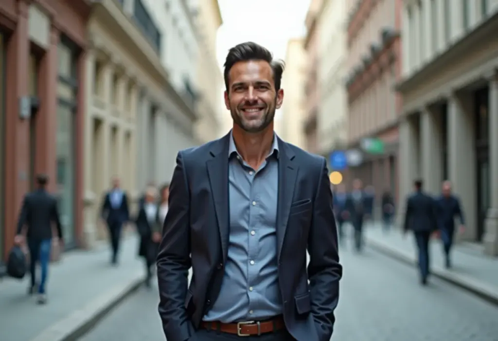 Moda para homens baixos: 5 truques de estilo que alongam a silhueta Homem estiloso caminhando confiante na cidade