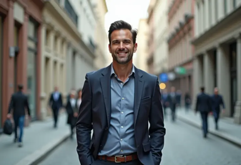 Homem estiloso caminhando confiante na cidade