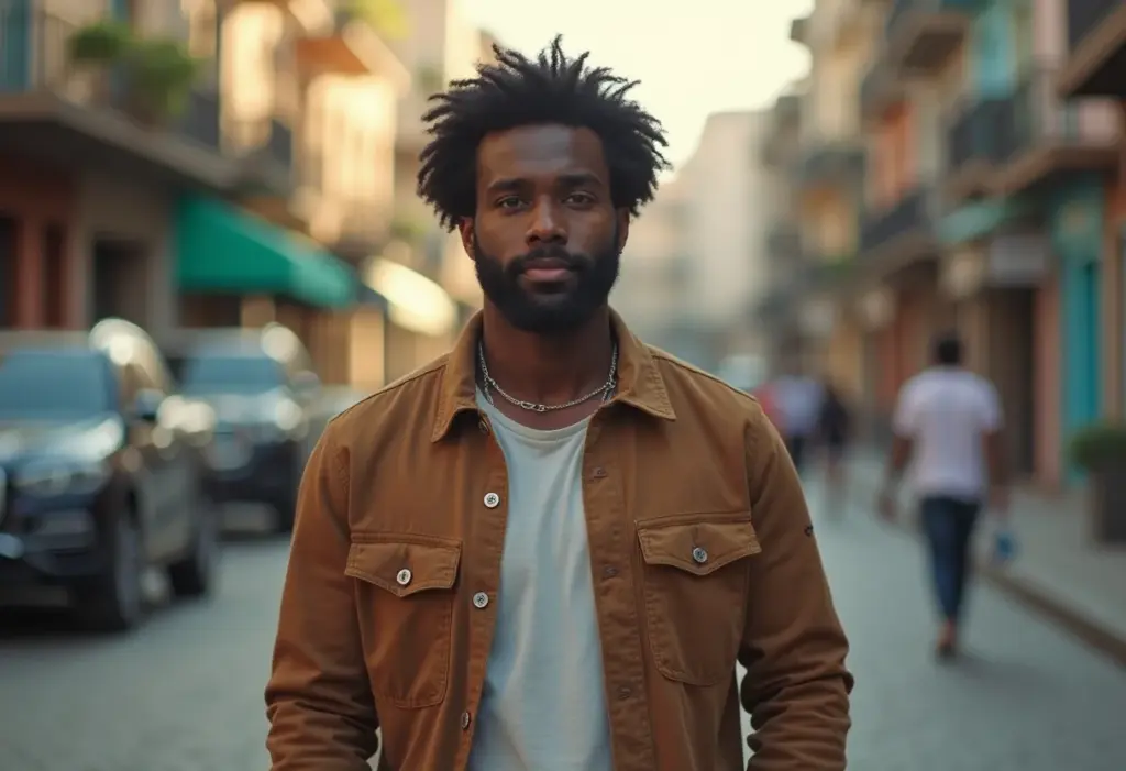 Barba por fazer: o segredo dos homens estilosos (e como copiar) Homem estiloso com barba por fazer andando na rua