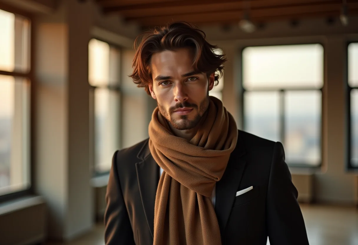 Homem estiloso com cachecol em loft moderno