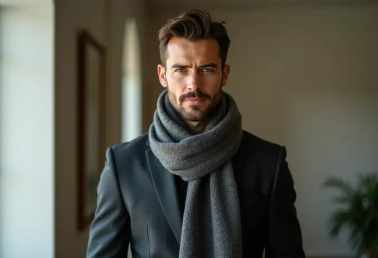 Homem estiloso usando cachecol em ambiente moderno