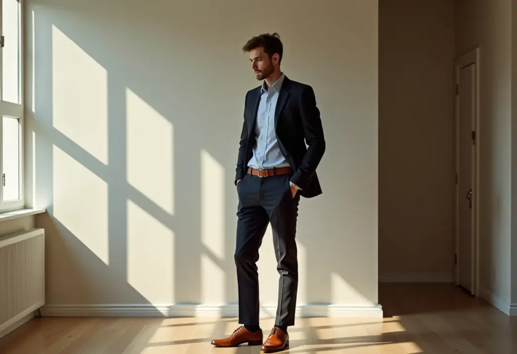 Homem estiloso usando cinto e sapatos combinando em um apartamento moderno.