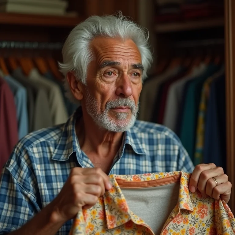 Homem idoso segurando camisa estampada e camisa clássica com expressão preocupada.