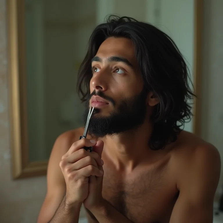 Homem indígena modelando a barba com tesoura