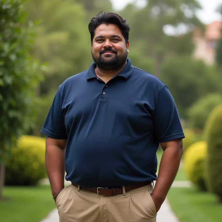 Homem indígena plus-size vestindo calça chino e polo