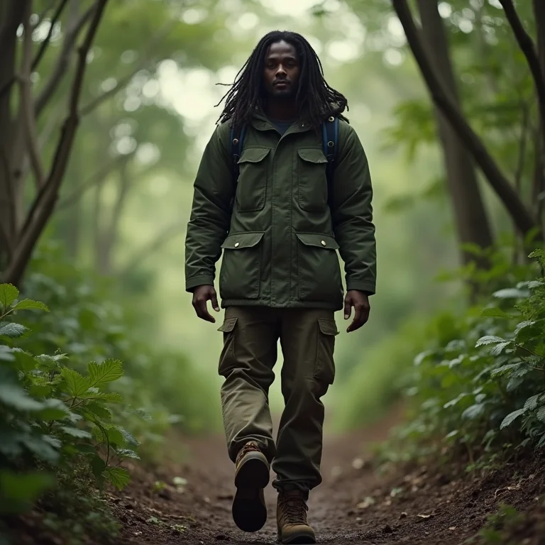 Homem indígena vestindo parka com calça cargo e bota de trekking.