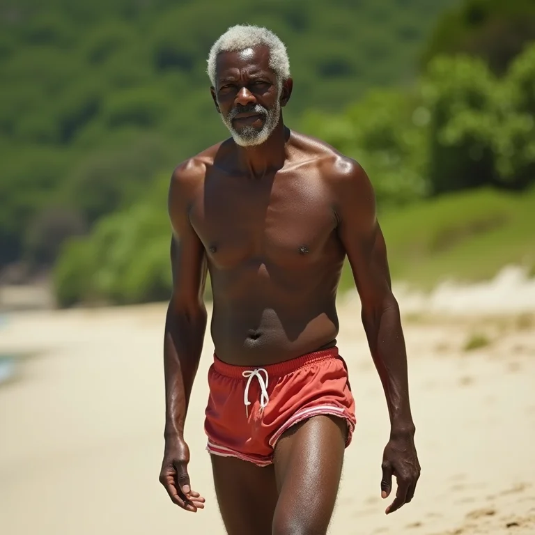 Homem negro caminhando na Praia do Perigoso