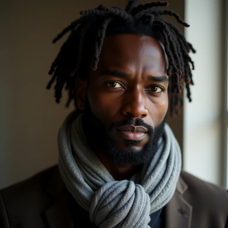 Homem negro com dreadlocks usando cachecol com nó parisian