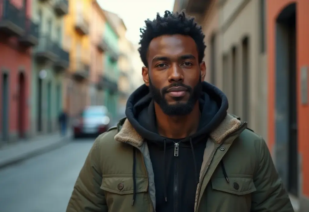 Homem negro estiloso usando parka masculina em ambiente urbano.