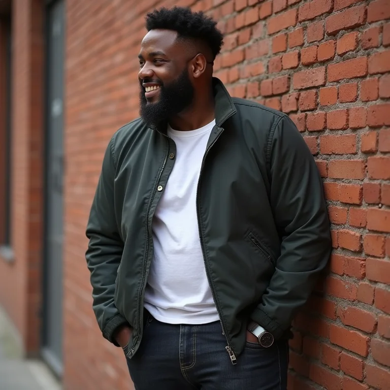 Homem negro rindo encostado em parede de tijolos com jaqueta estilosa.