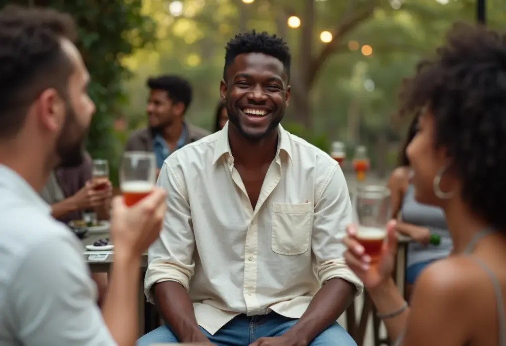 Happy Hour Masculino: Guia de looks estilosos e confortáveis Homem negro sorrindo em happy hour com amigos.