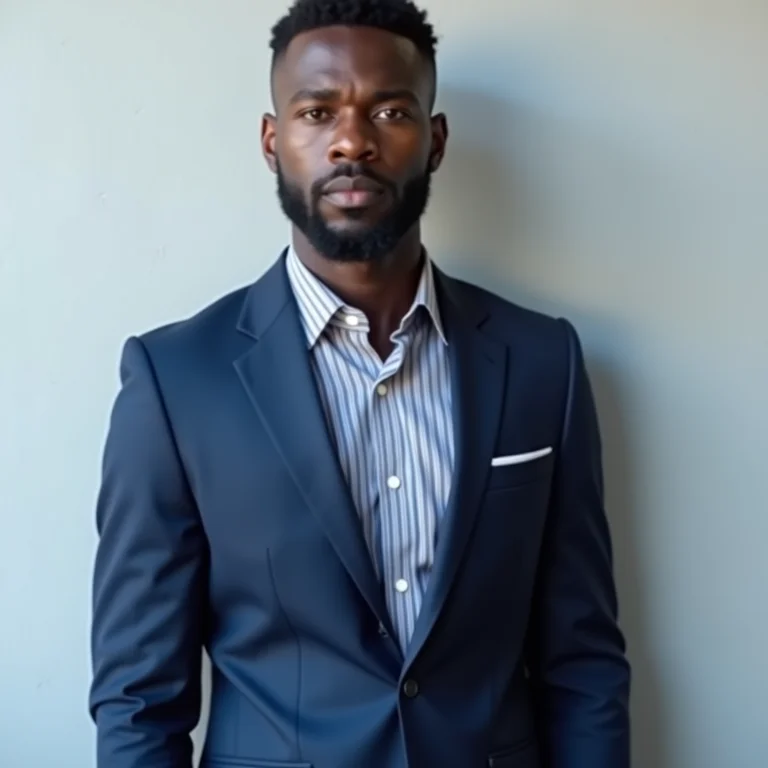 Homem negro vestindo terno azul marinho com camisa de listras verticais