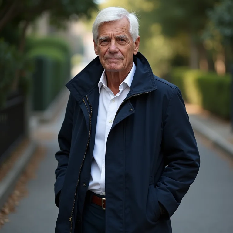 Homem sênior elegante usando parka com camisa social e calça de sarja.