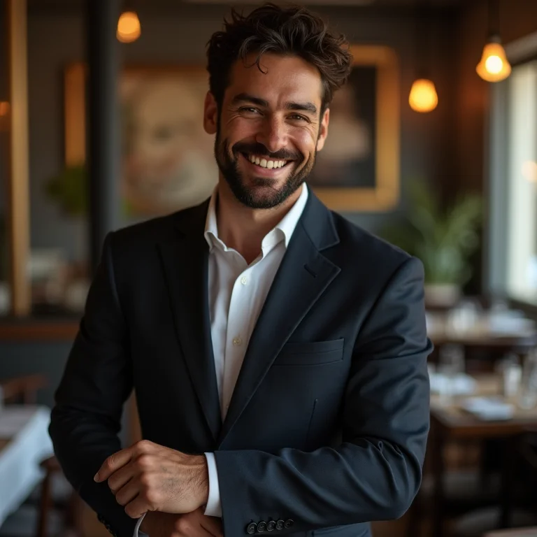 Homem sorrindo enquanto ajusta o punho do paletó.