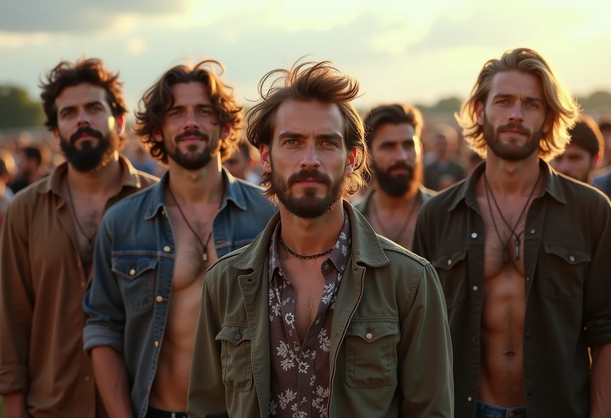 Homens com looks diversos em festival de rock