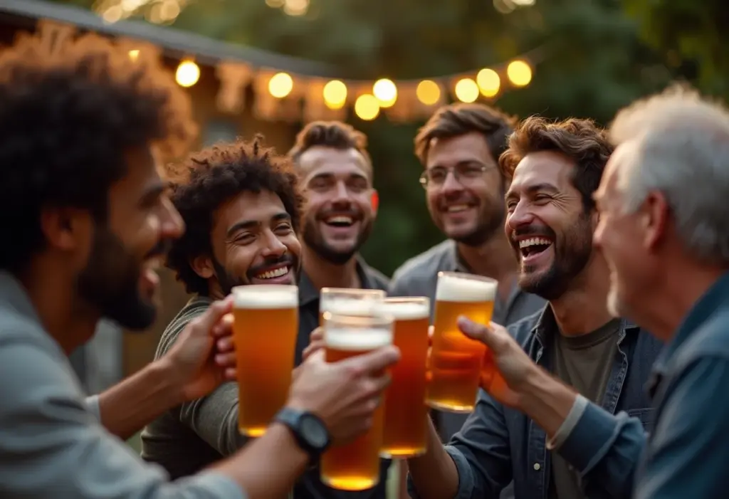 Decoração de aniversário masculina: Ideias simples (e econômicas!) Homens diversos celebram aniversário em um quintal iluminado.