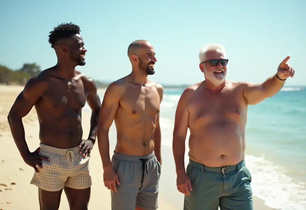 Homens diversos curtindo a praia com estilo e confiança.