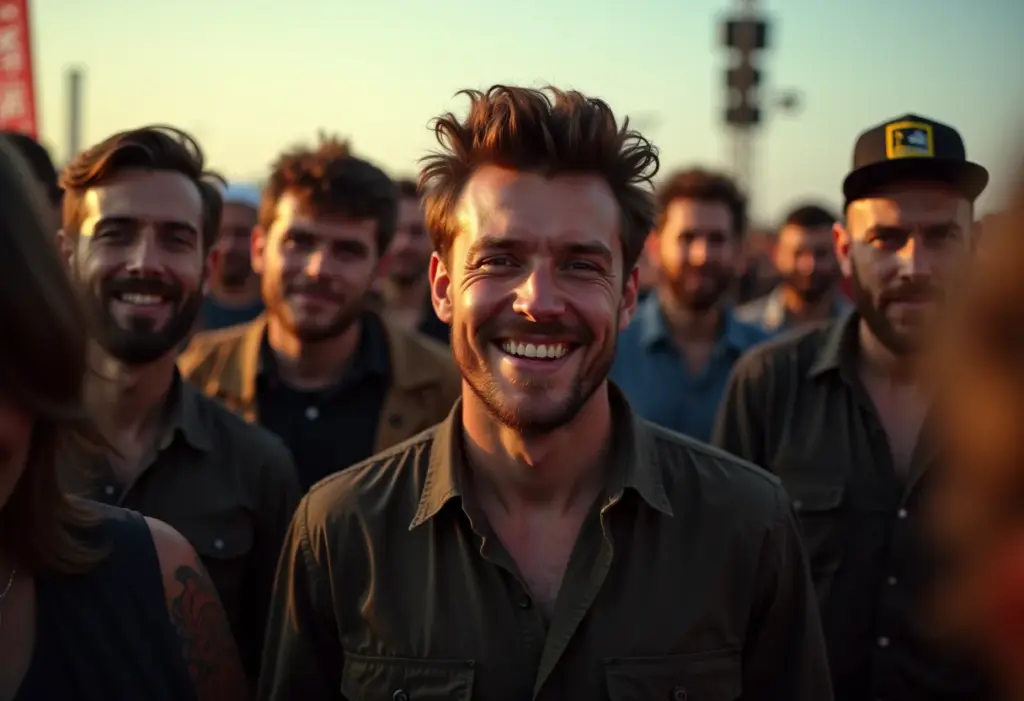 Homens diversos curtindo festival de rock com estilo e atitude.