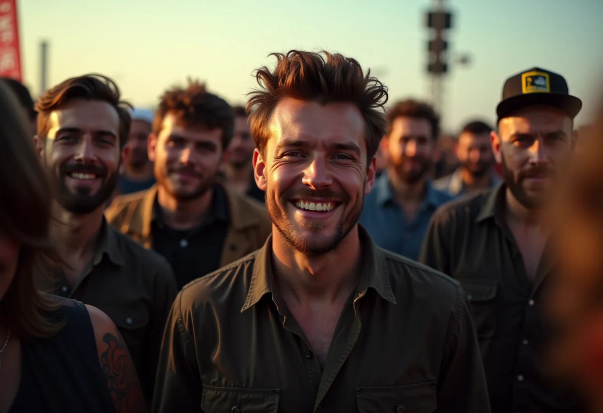 Homens diversos curtindo festival de rock com estilo e atitude.