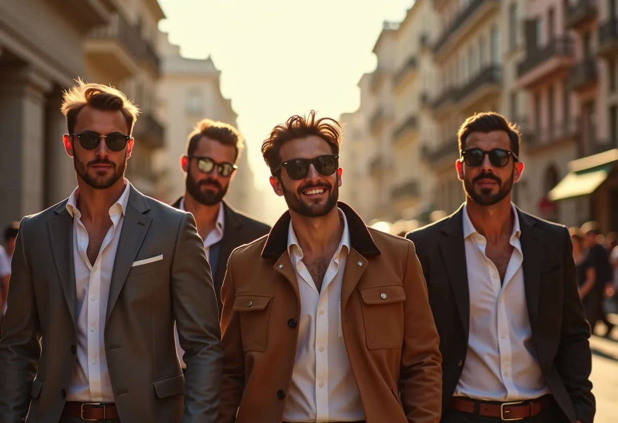 Homens estilosos usando óculos de sol da moda em ambiente urbano ensolarado