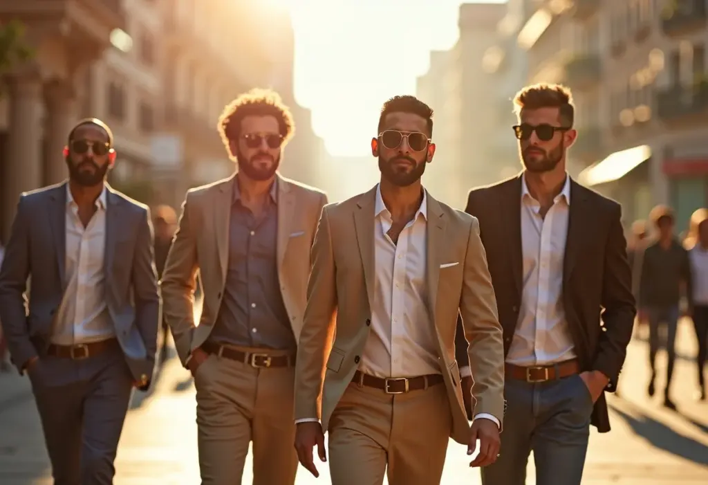 Homens estilosos usando óculos de sol da moda em ambiente urbano ensolarado