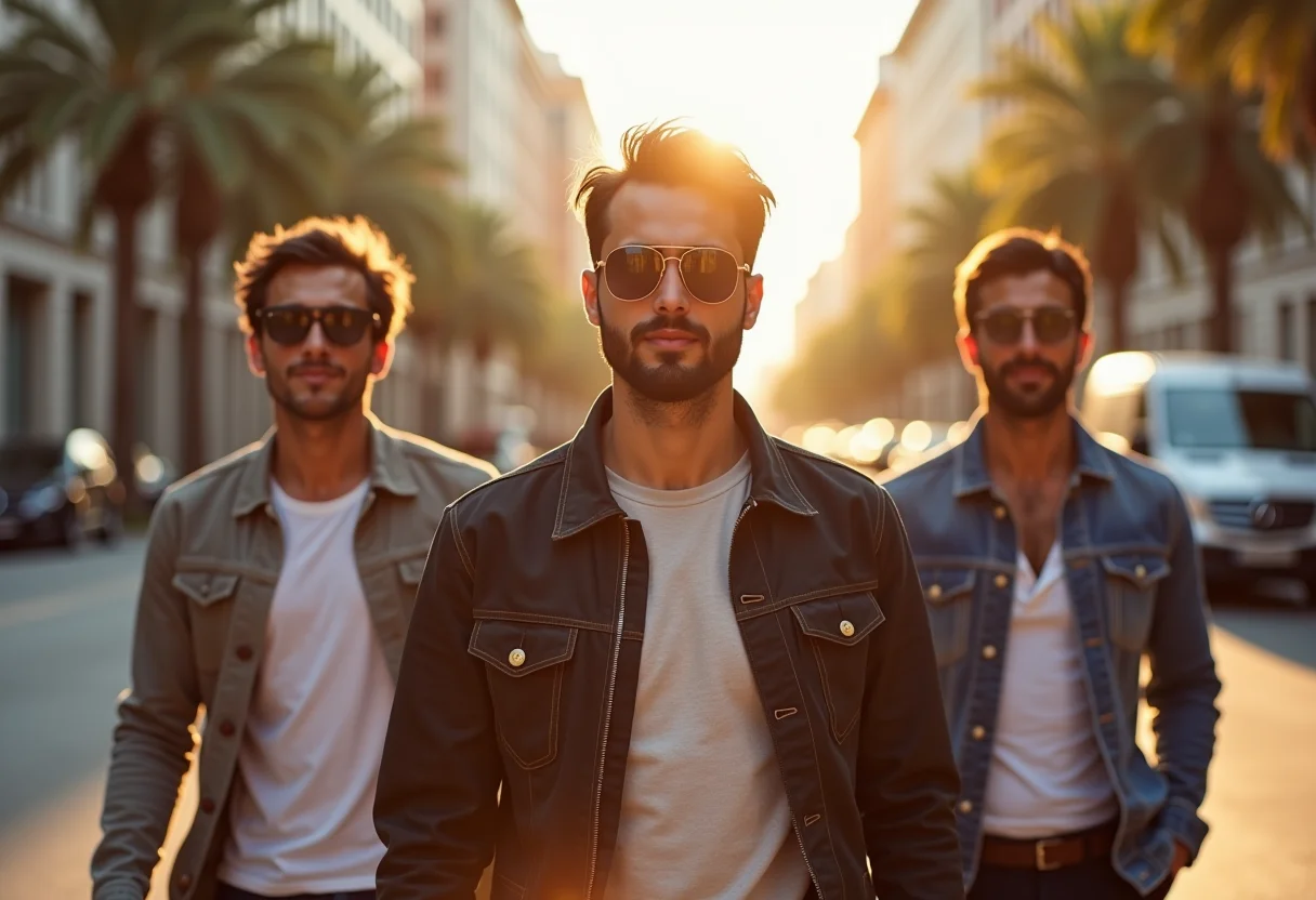 Homens estilosos usando óculos de sol da moda em ambiente urbano ensolarado.