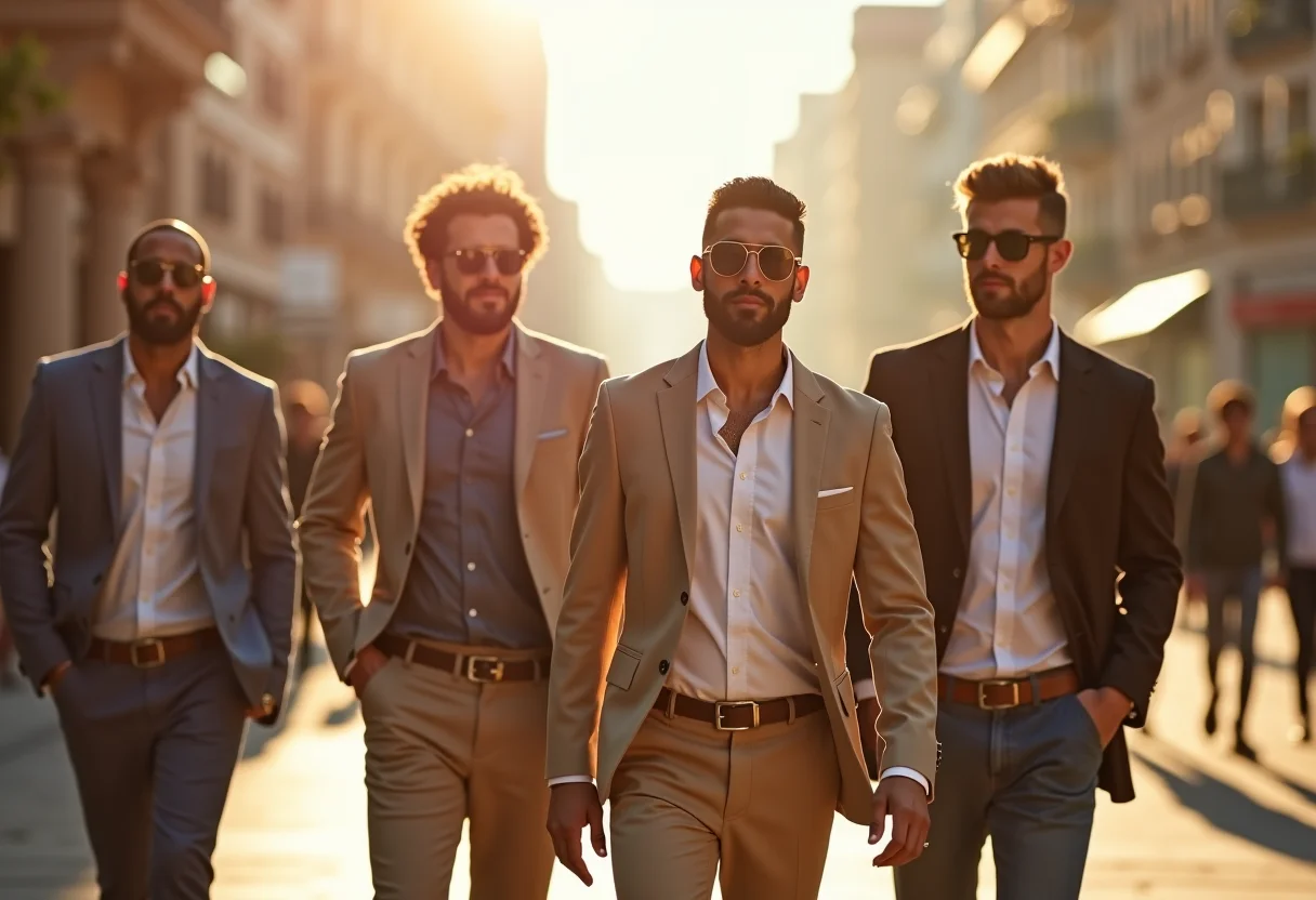 Homens estilosos usando óculos de sol da moda em ambiente urbano ensolarado