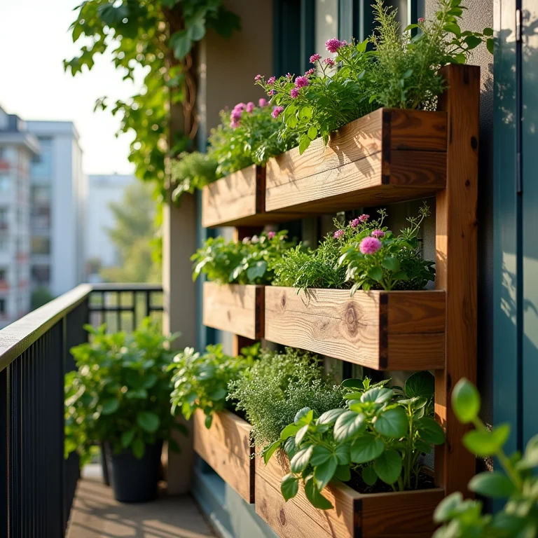 Horta vertical charmosa para a varanda feita com caixotes de feira.