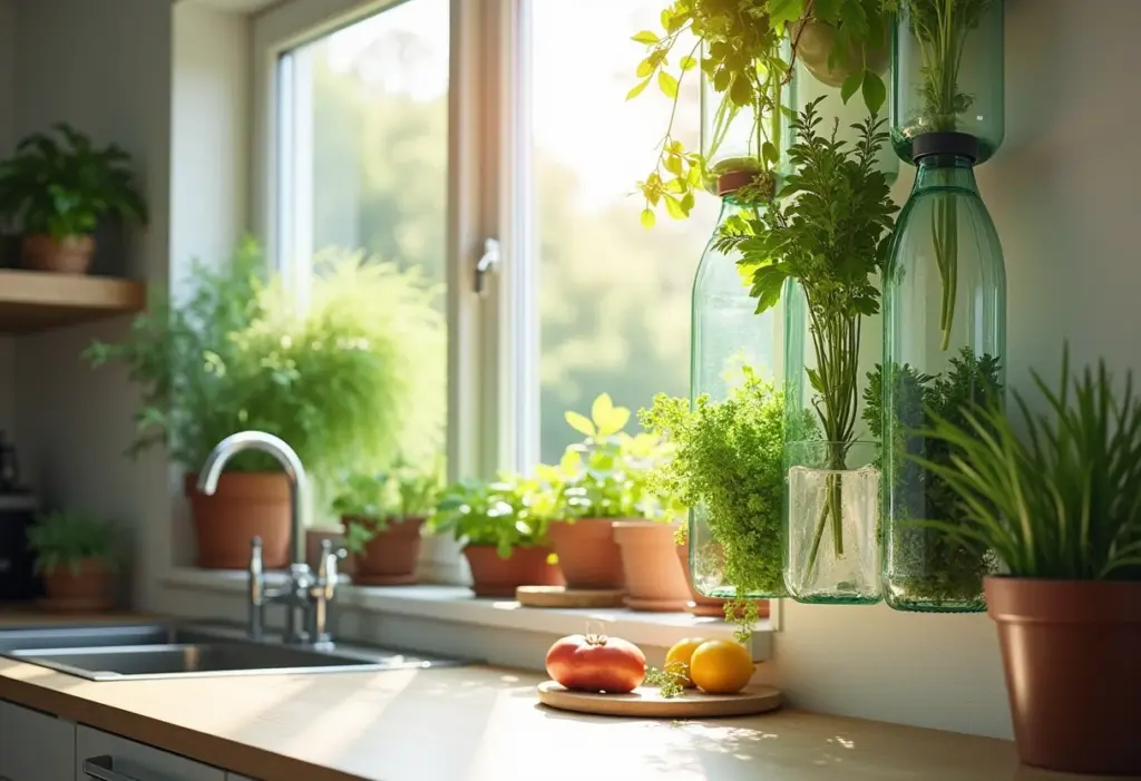 Horta vertical em garrafas PET suspensas em cozinha iluminada