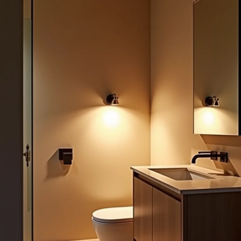 Iluminação correta em banheiro pequeno para criar ambiente acolhedor.