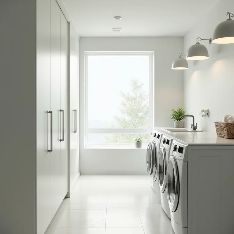 Iluminação e ventilação ideais em lavanderia de luxo com janela ampla.