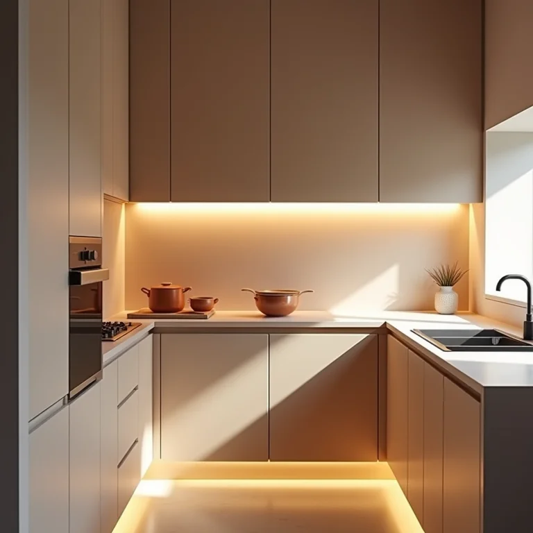 Iluminação estratégica realçando detalhes em cozinha planejada.