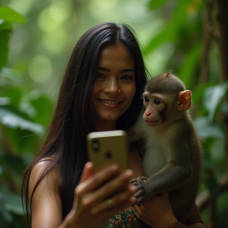 Indígena tirando selfie com macaco